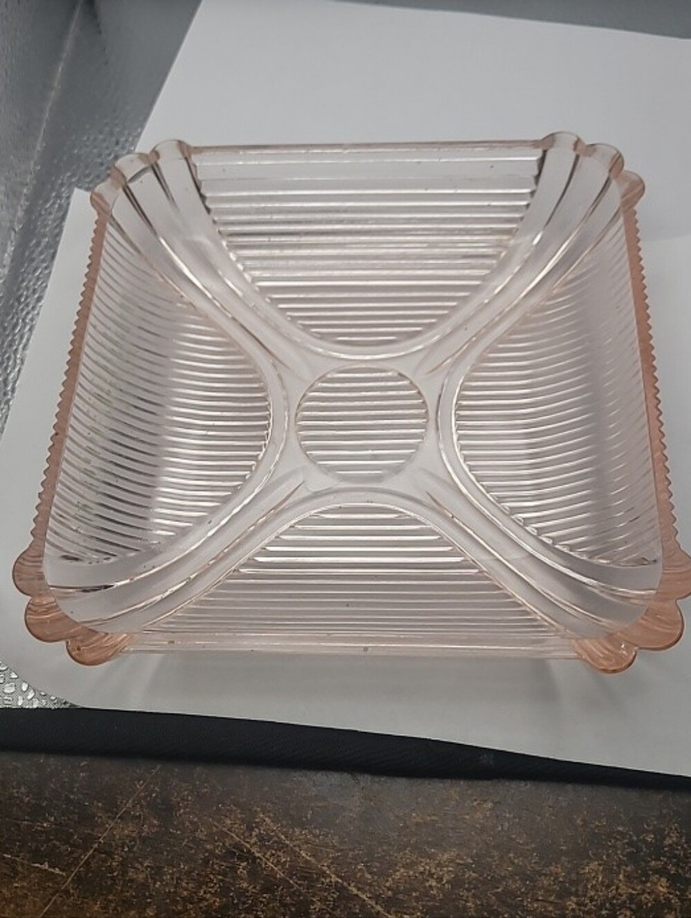 Vintage Art Deco Design pink depression glass trinket dish